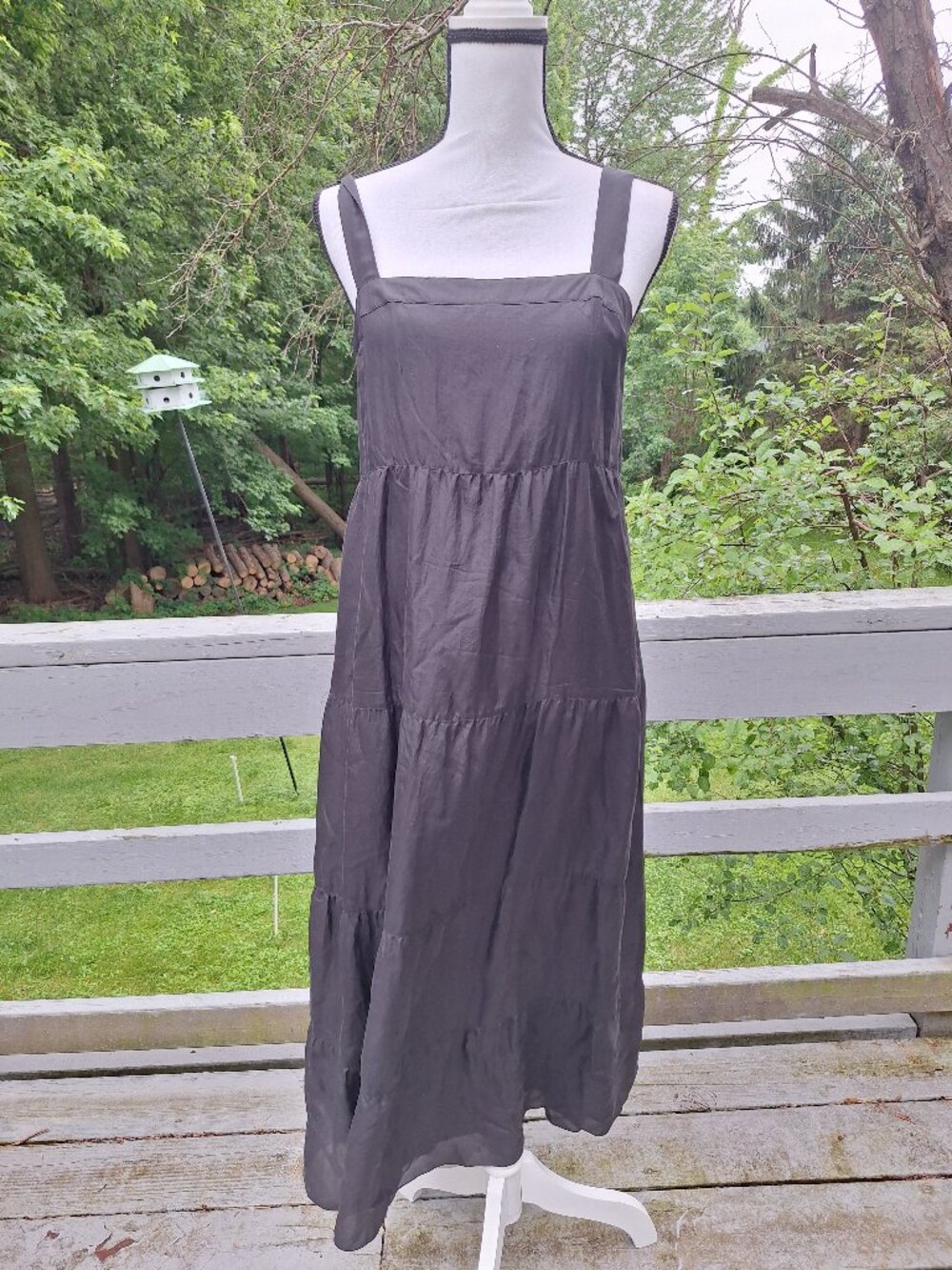 Eileen Fisher Black Tiered Silk Dress with adjustable button straps. Small P